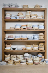 Dental gypsum models on wooden shelves. Mould of human teeth. Oral health concept. Close up.