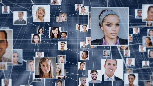 Animation of network of connections with diverse people over blurred background