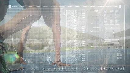Animation of statistics and data processing over african american male runner - Powered by Adobe