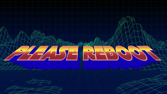 Animation of please reboot text in red and blue letters over metaverse background