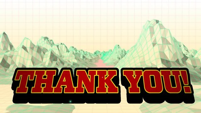 Animation of thank you text in red and black letters over metaverse background