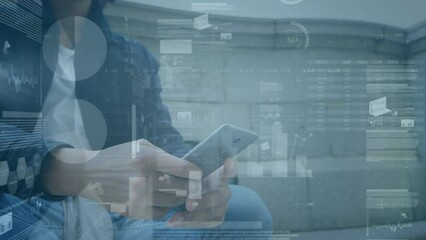 Animation of financial data processing over biracial man using smartphone - Powered by Adobe