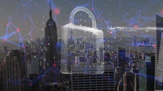 Animation of network of connections with padlock over cityscape