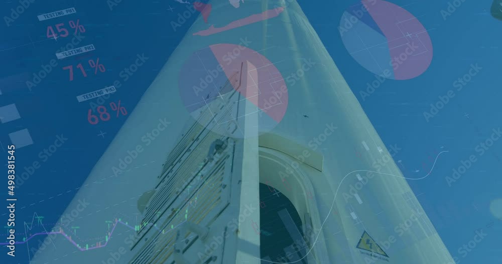 Poster Animation of statistics and data processing over wind turbine and engineer on blue background