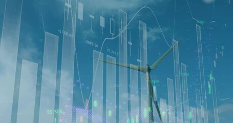 Animation of statistics and data processing over wind turbine on blue background - Powered by Adobe