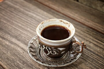 Turkey black coffee on wood background