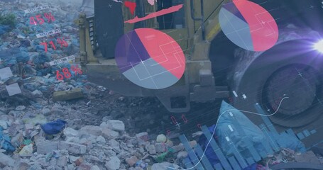 Animation of data processing over bulldozer at waste collection site - Powered by Adobe