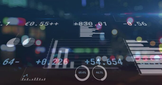 Animation of financial data processing over out of focus city road lights