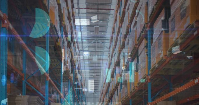 Animation of financial data processing over empty warehouse
