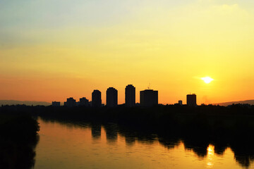 Fototapeta na wymiar Sunset at the Sava river banks in Zagreb, Croatia