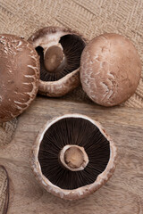 Tasty vegetarian food, large brown champignons Agaricus bisporus portobello mushrooms