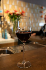 Tasting of dry Spanish tempranillo red wine in Spanish bogeda restaurant