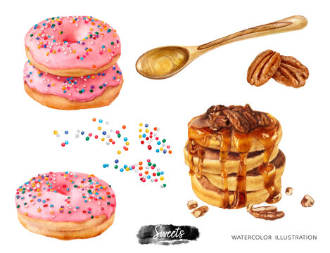 Sweet desserts watercolor isolated on white background. Glazed donuts, pancakes, wooden spoon, sprinkles