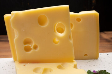 Swiss cheese collection, yellow emmentaler cheese with round holes