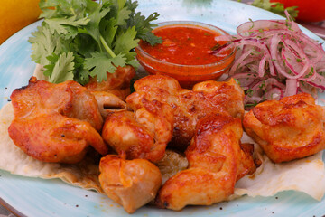 meat kebab is a national dish grilled meat on coals with sauce for the menu high-quality photo 