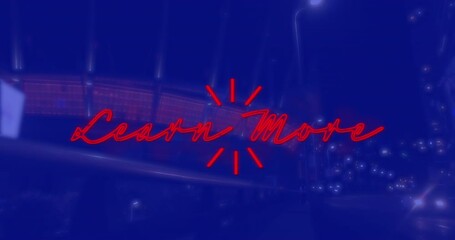 Animation of learn more text over cityscape at night on blue background - Powered by Adobe
