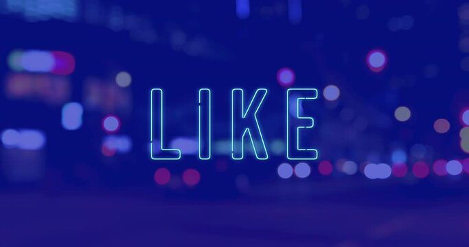 Animation of like text over cityscape at night on blue background