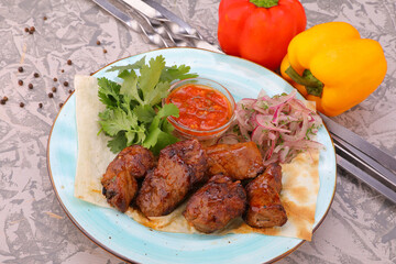 meat kebab is a national dish grilled meat on coals with sauce for the menu high-quality photo 