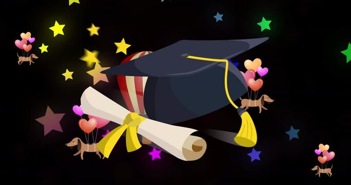 Animation of graduation cap over balloons and stars on black background