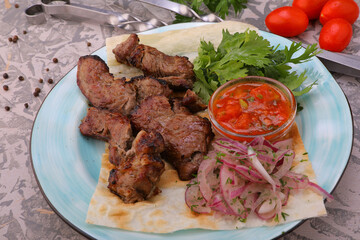 meat kebab is a national dish grilled meat on coals with sauce for the menu high-quality photo 