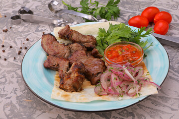 meat kebab is a national dish grilled meat on coals with sauce for the menu high-quality photo 
