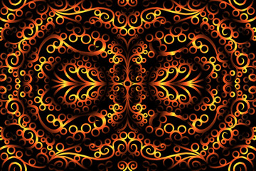 seamless circular circle LUXURIOUS gOLD Colour caleidoscope gradient flower art pattern of indonesian culture traditional tenun batik ethnic dayak ornament for wallpaper with Black background 