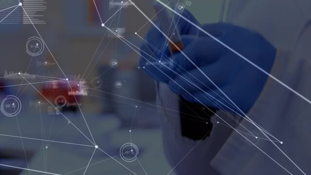 Animation of network of connections and data over hands in protective gloves holding lab sample