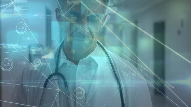 Animation of network of connections and data processing over senior caucasian male doctor