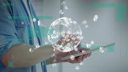 Animation of globe with numbers over hands of caucasian man working on tablet - Powered by Adobe