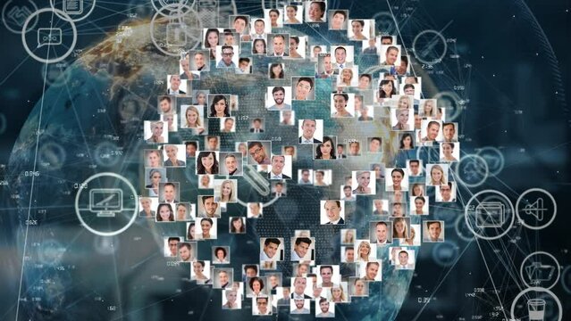 Animation of photos of diverse male and female businesspeople rotating over globe