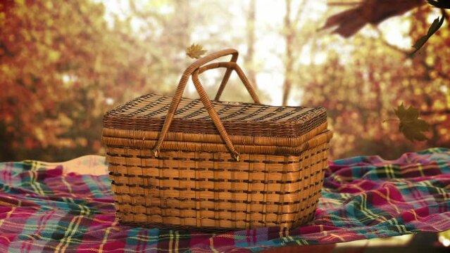Animation of autumn leaves falling over blanket and picnic basket