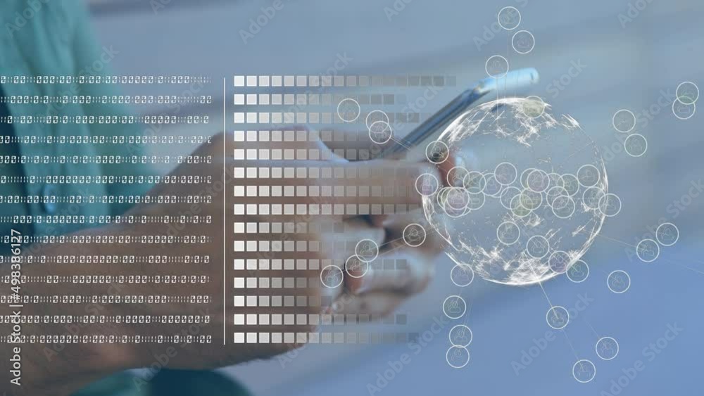 Poster animation of binary coding data processing and globe over biracial man using smartphone
