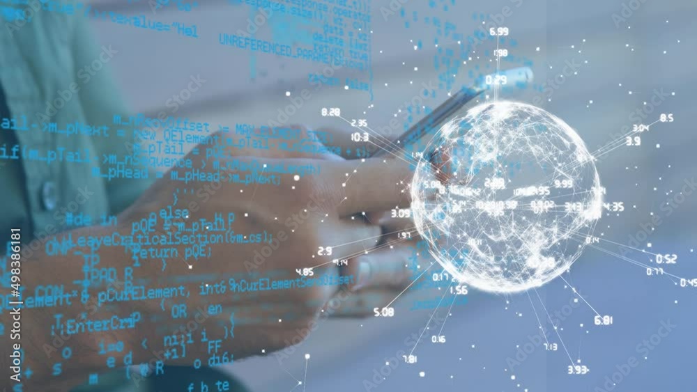 Poster animation of data processing and globe over caucasian man using smartphone