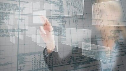 Animation of caucasian businesswoman touching interactive screen with data processing - Powered by Adobe