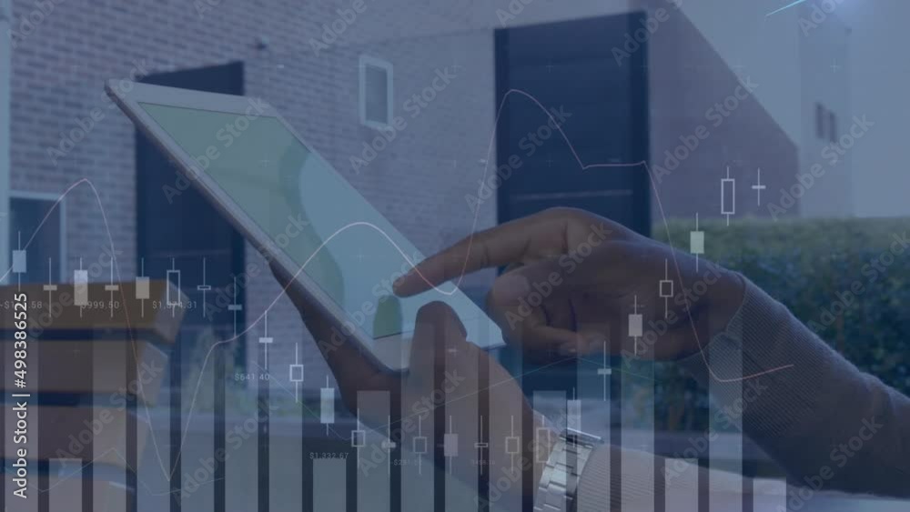 Poster animation of financial data and graphs over hands of biracial man using tablet with copy space
