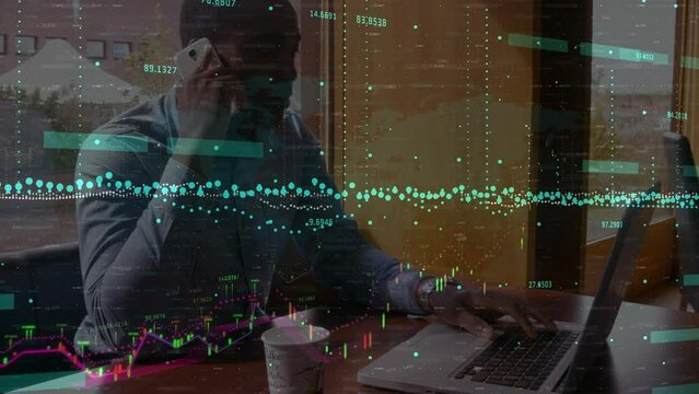 Animation of financial data and graphs moving over african american man using smartphone