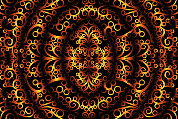 seamless circular circle LUXURIOUS gOLD Colour caleidoscope gradient flower art pattern of indonesian culture traditional tenun batik ethnic dayak ornament for wallpaper with Black background 