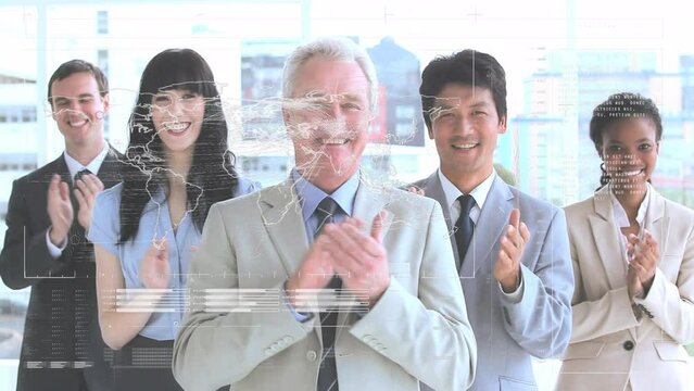 Animation of statistics and financial data processing over happy diverse business people clapping