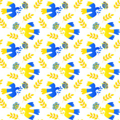 Seamless pattern based on Ukrainian embroidery on white background. Vector stylized ornament in the yellow and blue colors of the Ukrainian flag.