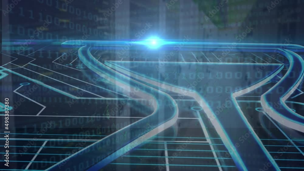 Poster animation of binary coding, data processing over glowing computer circuit board