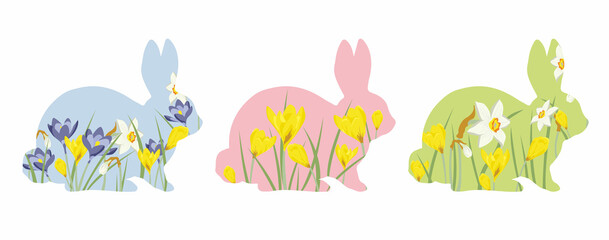 Set of colorful bunnies for Easter. Vector silhouettes of bunnies filled with spring flowers. Bright children's isolated illustration. Happy Easter. Greeting banner or greeting card. Easter rabbits 