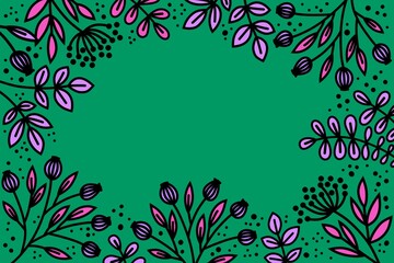 Leaves, flowers and twigs against a lilac pink green background. Plant frame with floral design. Space for text and graphic design. Festive background with a pattern of twigs.