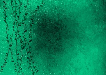 Green old vintage background with blur, gradient and grunge texture. Thin long twigs with leaves on a colored background. Watercolor texture with stains, splashes and strokes. Space for graphic design