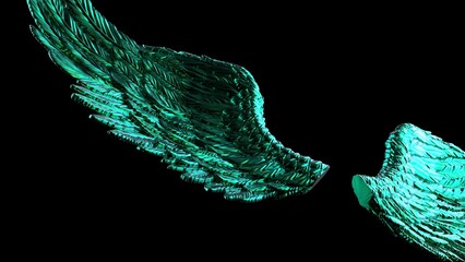 Metallic green wings under black lighting background. Concept image of free activity, decision without regret and strategic action. 3D CG. 3D illustration.