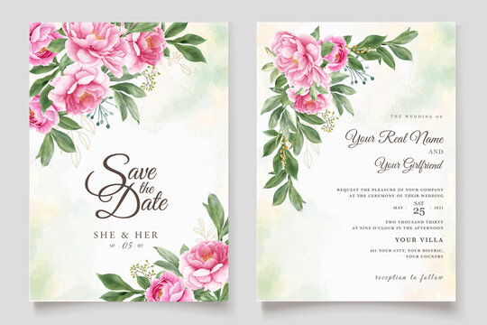 Watercolor Peonies With Beautiful Pink Invitation Card Template