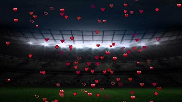 Animation of hearts floating over night stadium