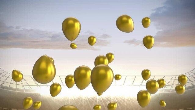 Animation of gold balloons floating over stadium