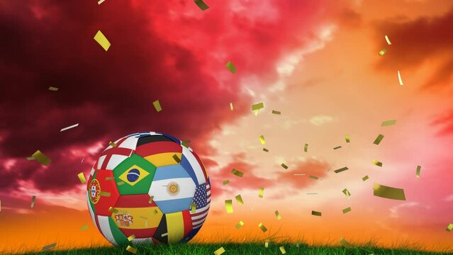 Animation of confetti falling over ball with diverse national flags lying on lawn at sunset