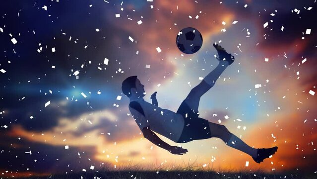 Animation of confetti floating caucasian soccer player at sunset