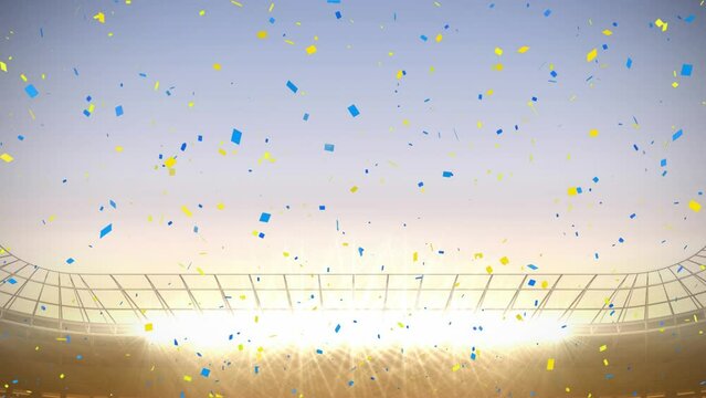 Animation of confetti floating over stadium at sunset